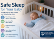 Safe sleep for babies infographic showing a baby sleeping on their back in a crib