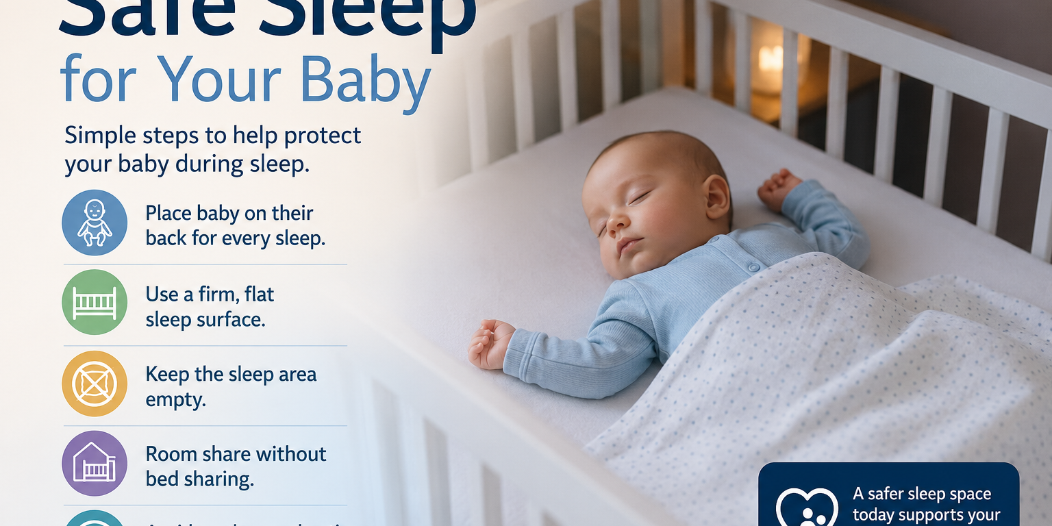 Safe sleep for babies infographic showing a baby sleeping on their back in a crib