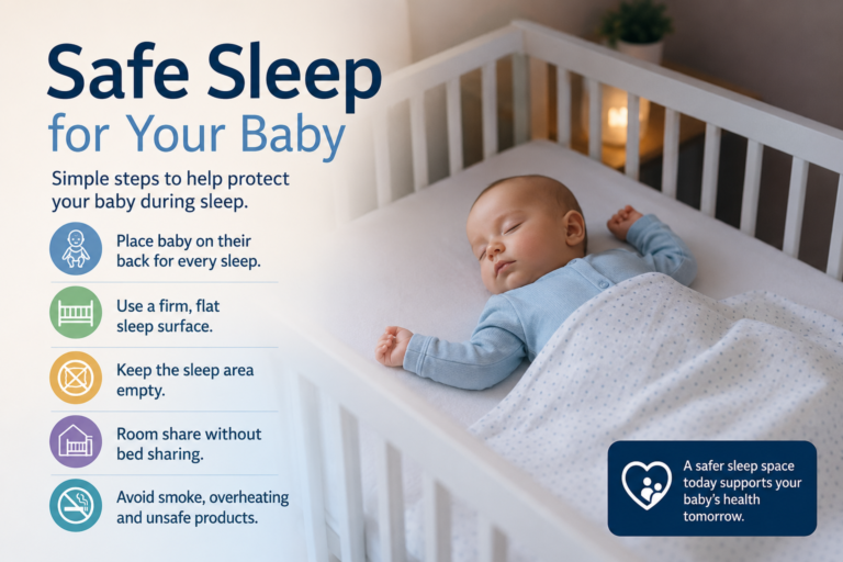 Safe sleep for babies infographic showing a baby sleeping on their back in a crib
