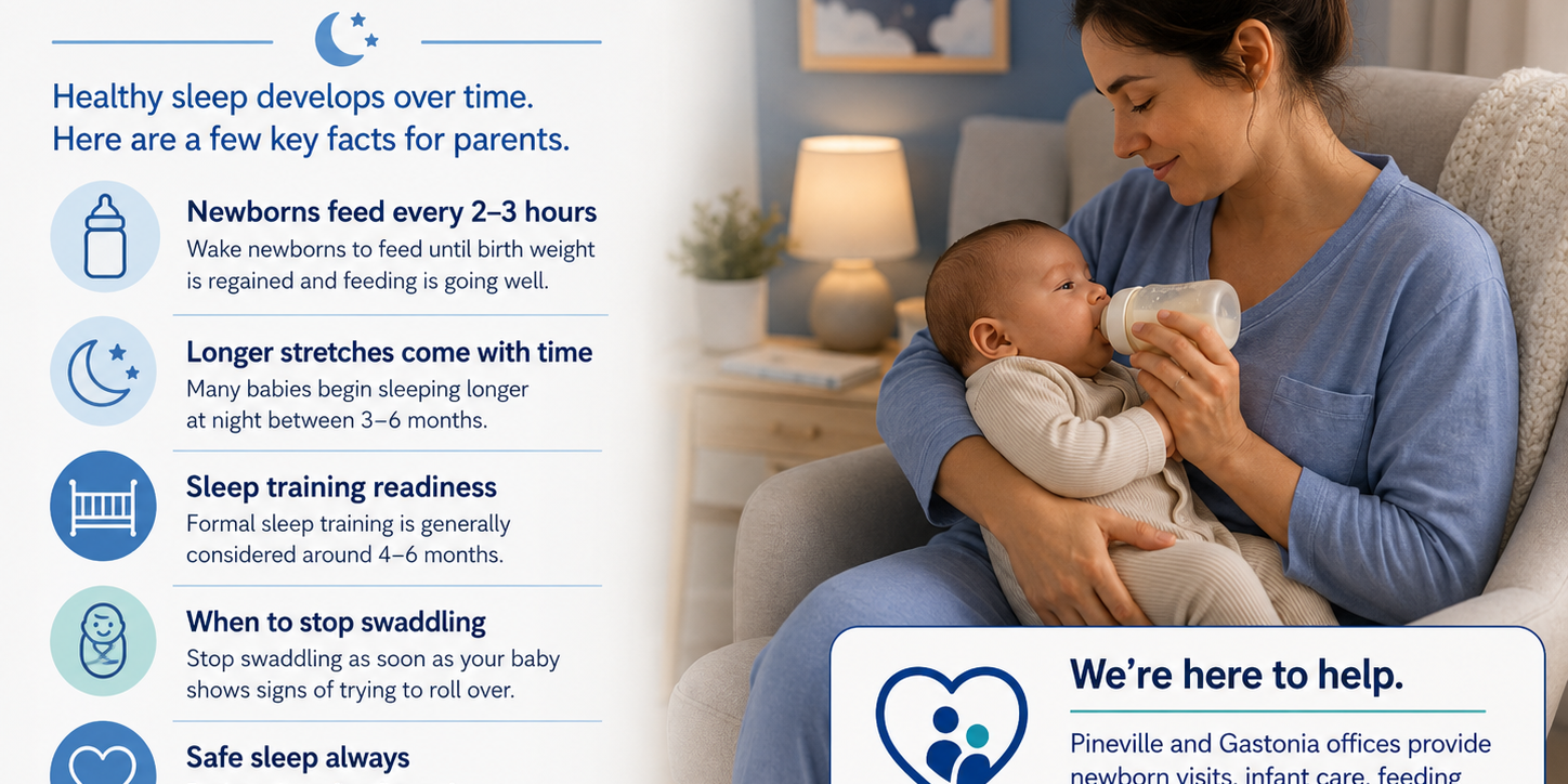 Mother feeding her baby at night beside infant sleep guidance on feeding, sleep training, swaddling and safe sleep.