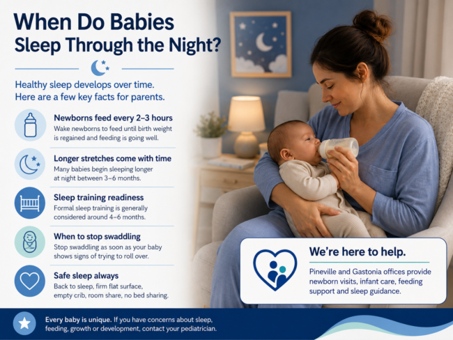 Mother feeding her baby at night beside infant sleep guidance on feeding, sleep training, swaddling and safe sleep.