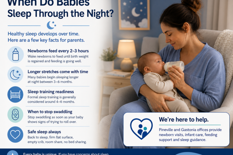 Mother feeding her baby at night beside infant sleep guidance on feeding, sleep training, swaddling and safe sleep.