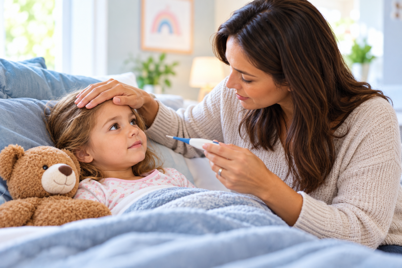 caring mom checks childs temperature
