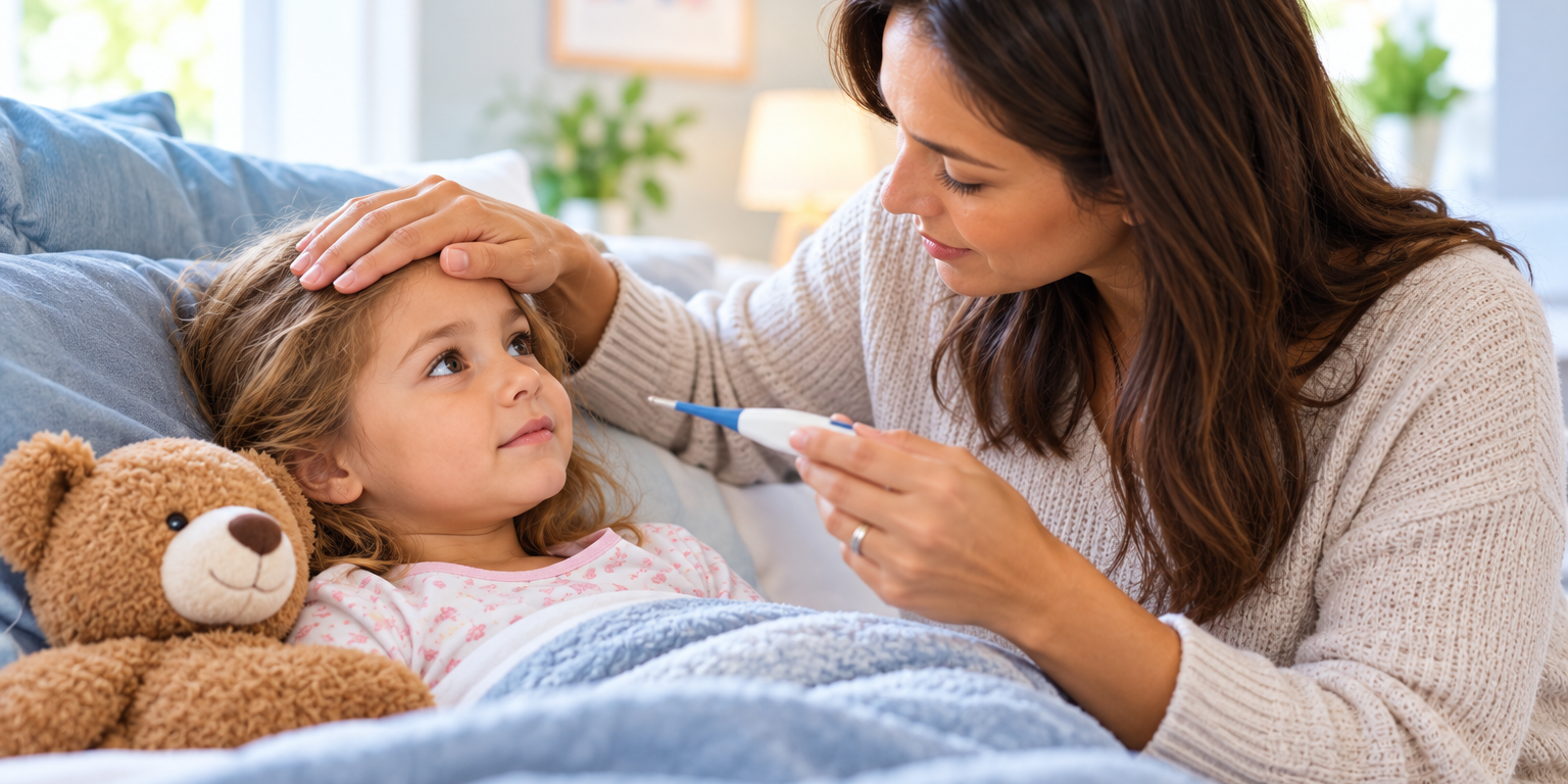 caring mom checks childs temperature