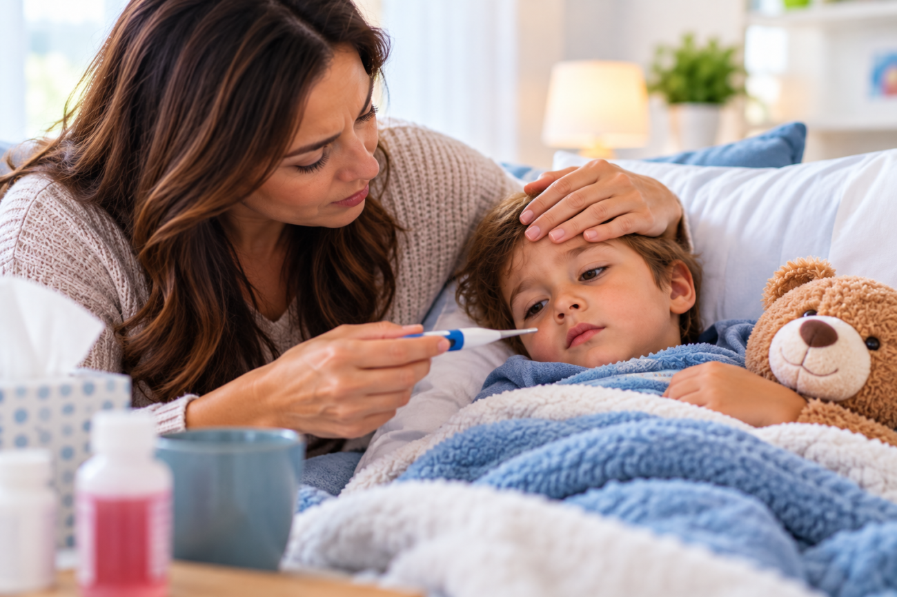 Parent checking a child’s temperature while monitoring fever symptoms at home