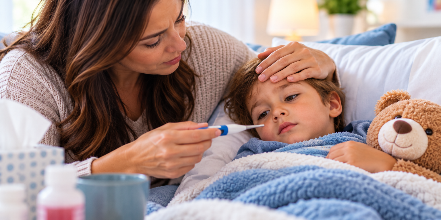Parent checking a child’s temperature while monitoring fever symptoms at home