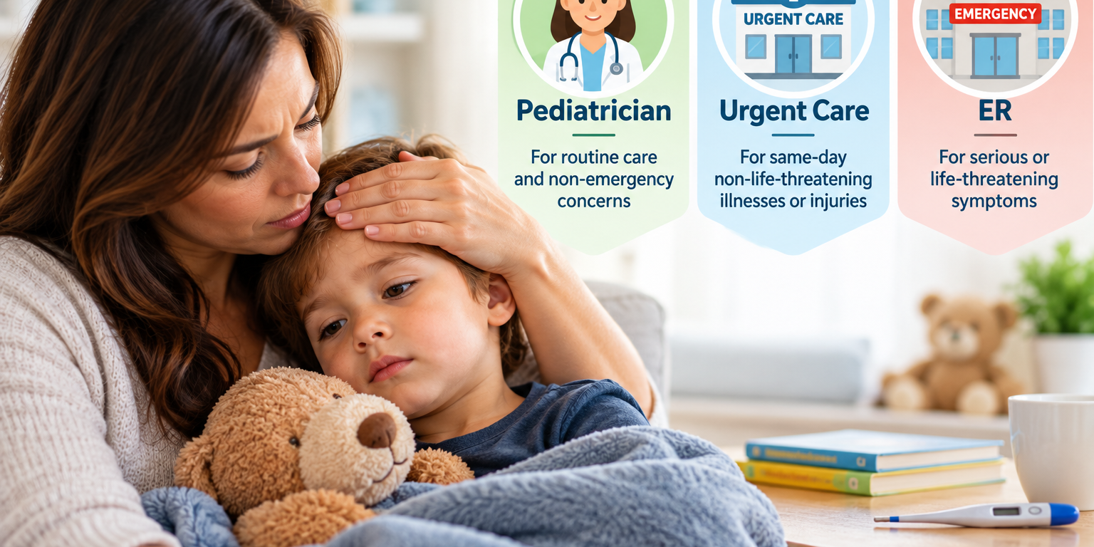 Parent deciding whether a sick child needs a pediatrician, urgent care, or emergency care