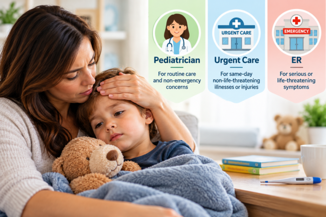 Parent deciding whether a sick child needs a pediatrician, urgent care, or emergency care