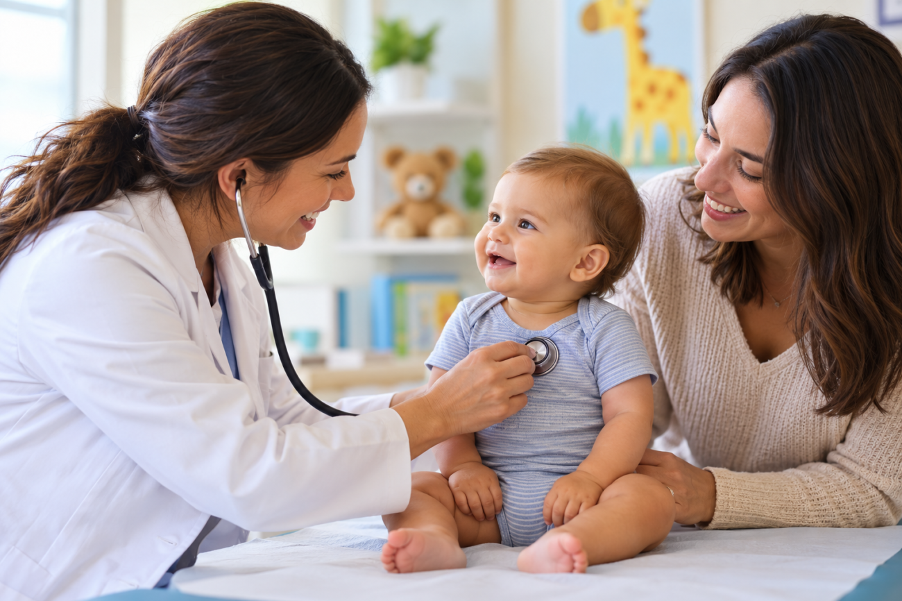 Parent and child meeting with a pediatrician in a welcoming pediatric office