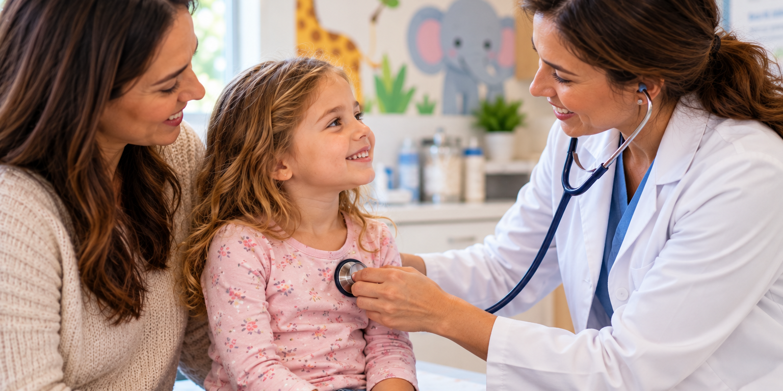 Pediatrician meeting with a parent and child during a routine well-child visit
