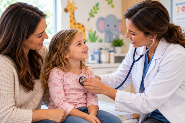 Pediatrician meeting with a parent and child during a routine well-child visit